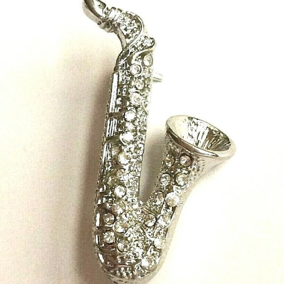Silver Crystal Saxophone Brooch Pin Sax Jazz Musician Music Teacher Gift Plated - Picture 2 of 7